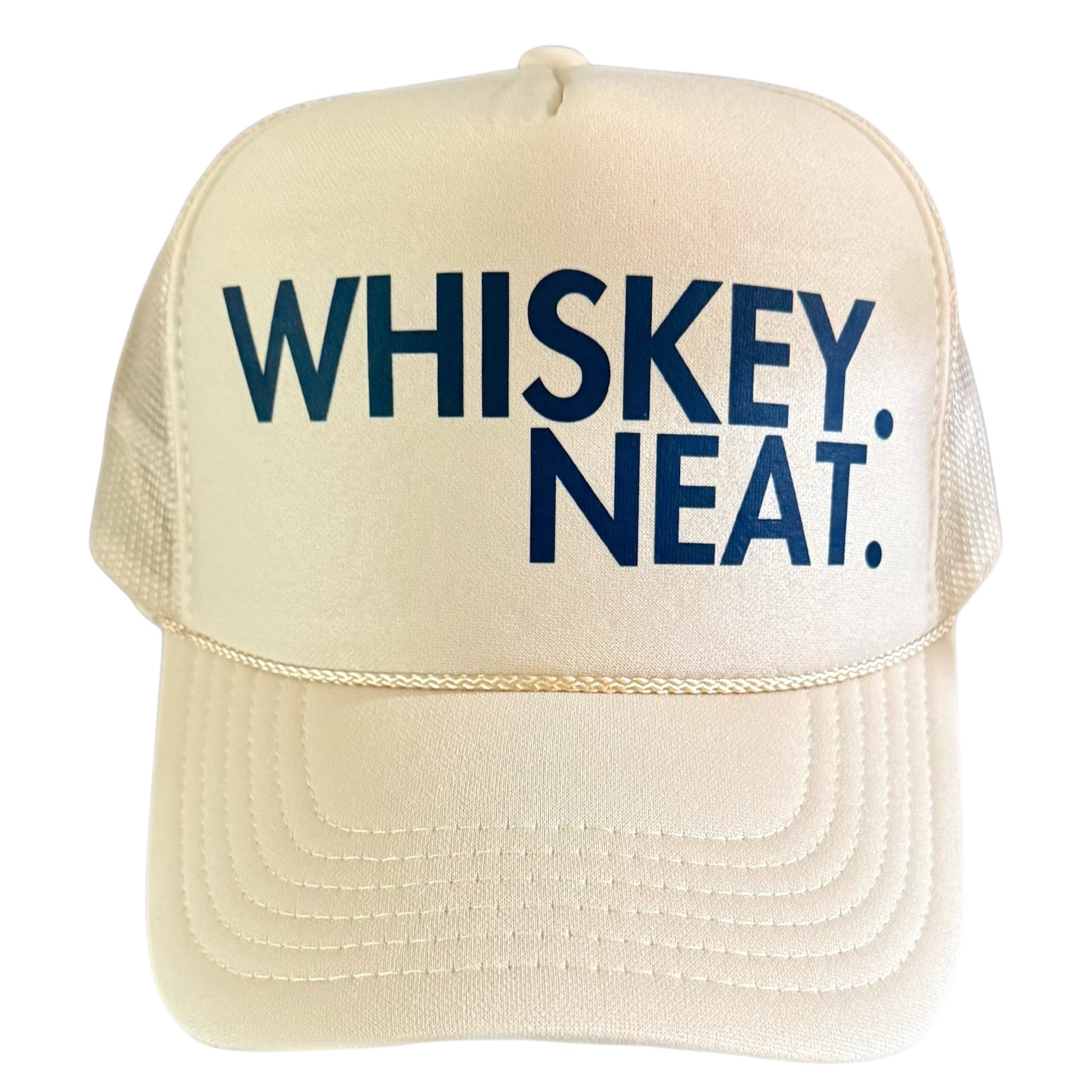 Tan foam trucker hat with navy ‘Whiskey Neat.’ lettering and mesh back.