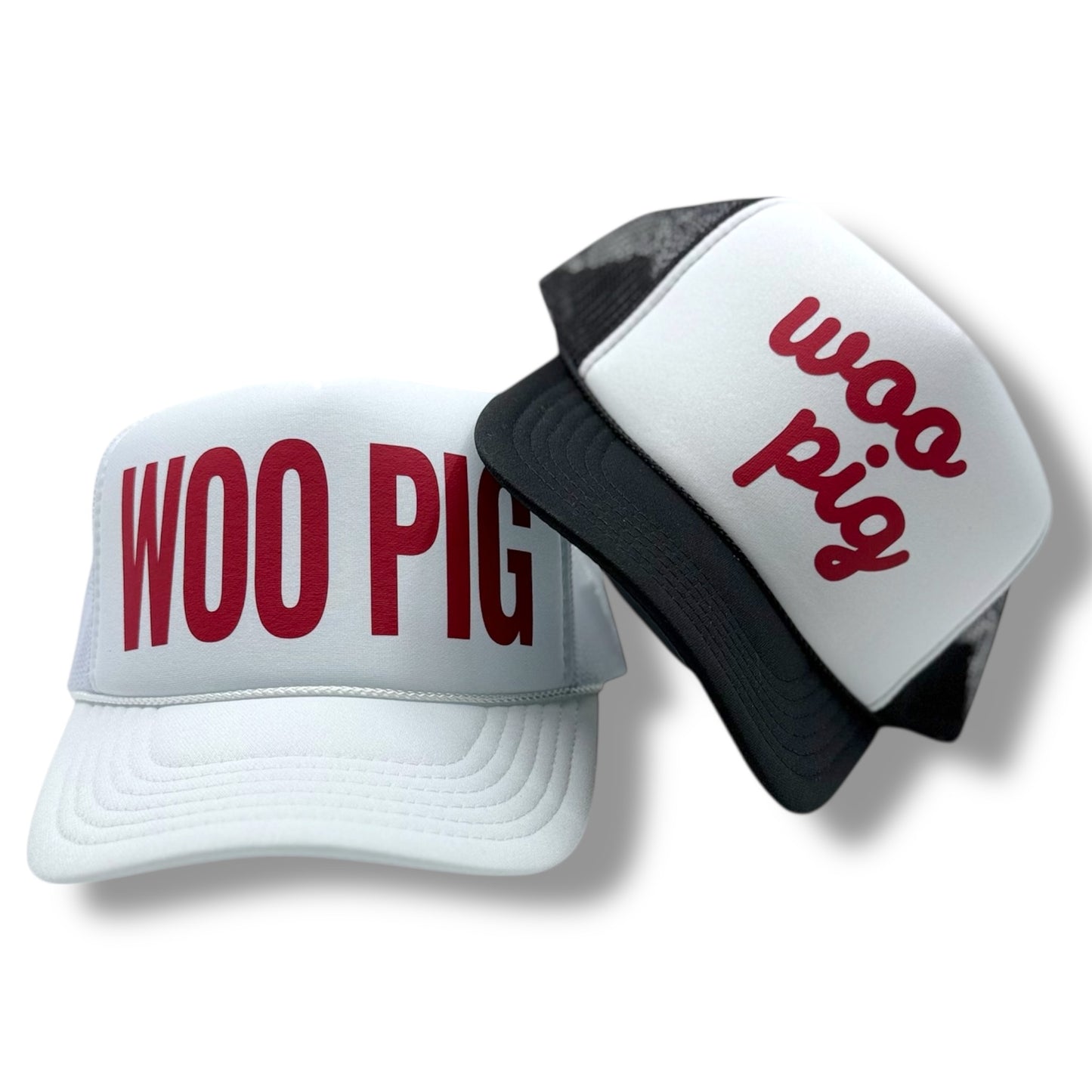 White foam trucker hats with red "Woo Pig" graphic, black mesh back - Arkansas game day snapback set